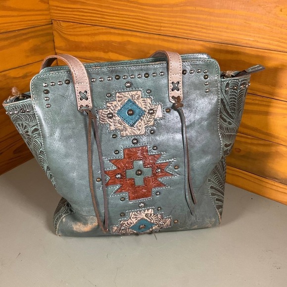 American West Navajo Soul Zip-Top Tote Bag Green Leather Tooled Studded Aztec - Picture 6 of 9